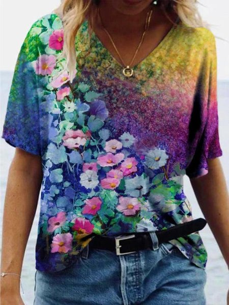 

Colorful Flower Painting Casual Shift Short Sleeve V Neck T-shirt, Purple, T-Shirts