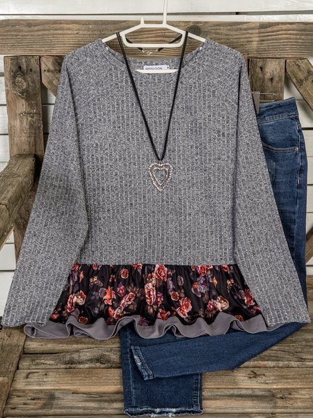 

Vintage Colore-block Stampata Floreale Girocollo Maniche Lunghe Casuale Top, Grigio, Blouses & Shirts