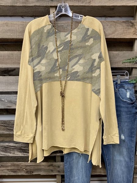 

Crew Neck Long Sleeve Camo Shift Tops, Yellow, Tees & T-shirts