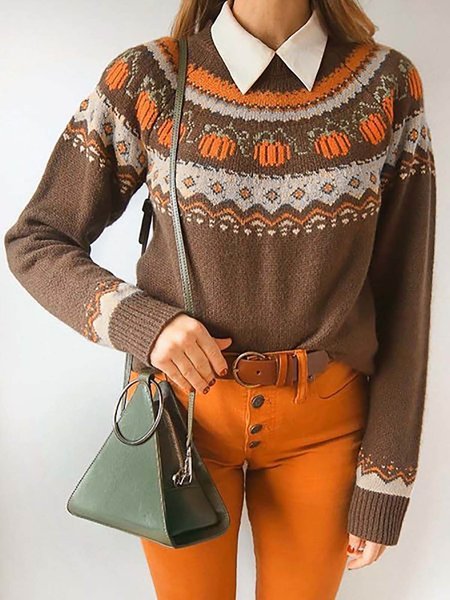 

Pumpkin Print Long Sleeve Round Neck Knit Sweater, Brown, Sweaters