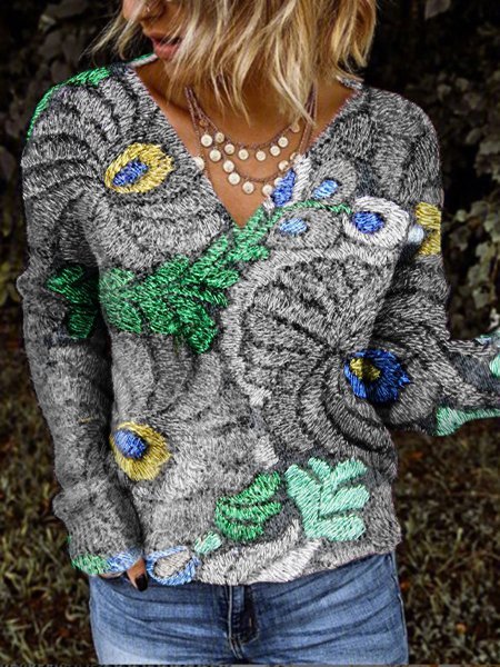 

V Neck Abstract Long Sleeve Sweater, Gray, Sweaters