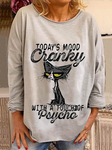 

Todays Mood Cranky With A Touch Of Psycho Cat Staring Print Cartoon T-shirt, Gray, Tees & T-shirts