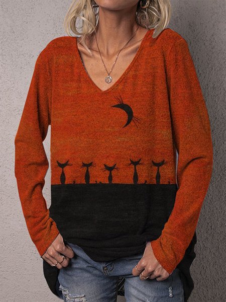 

Cat Printed Long Sleeve V-neck Casual T-shirt, Orange, Auto-clearance