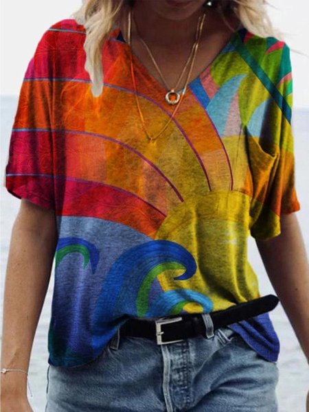 

Colorful Gradient Lines T-shirt Casual Short Sleeve T-shirt, Multicolor, T-Shirts