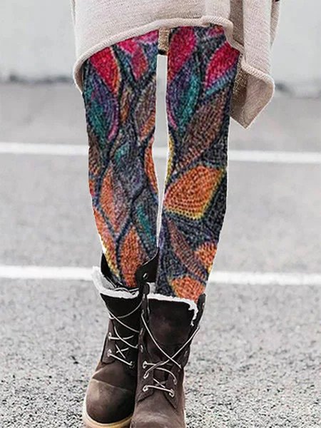 

Cotton-Blend Abstract Leaf Womens Leggings Pants, Multicolor, Leggings