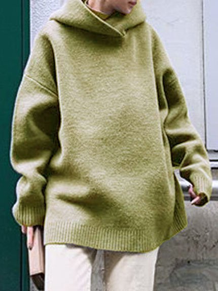 

Long Sleeve Wool Blend Vintage Hoodie Sweater, Green, Tops