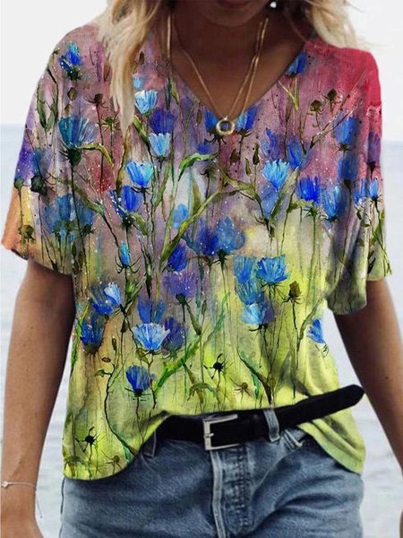 

JFN V Neck Floral Casual T-Shirt/Tee, Yellow, T-Shirts