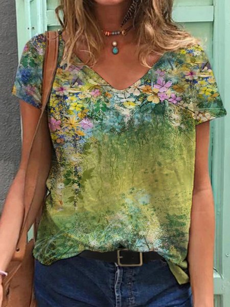 

Colorful Flower Painting V Neck Shift Floral Casual T-shirt, Green, Tops