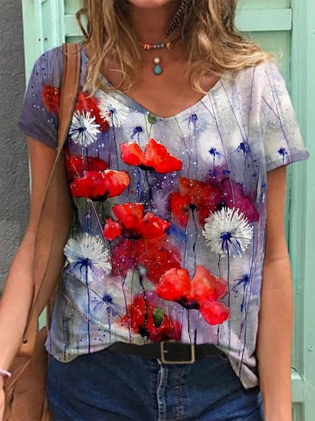 

Colorful Dandelion Painting Short Sleeve Floral T-shirt, Purple, T-Shirts