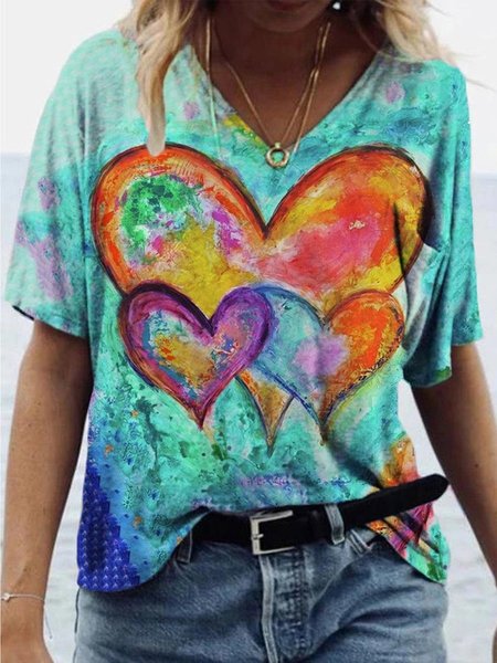 

Love Painting Print T-shirt V Neck Casual T-shirt, Blue, T-Shirts