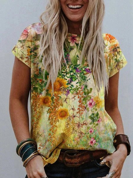 

Colorful Flower Painting Floral Casual T-shirt, Yellow, T-Shirts