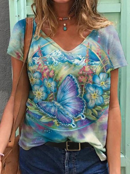 

Colorful Flower Painting V Neck T-shirt, Purple, Tees & T-shirts