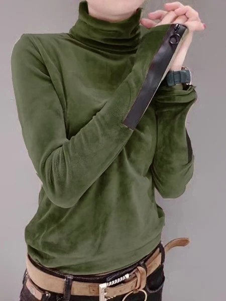 

Velvet Turtleneck Long Sleeve Casual T-Shirt, Army green, Auto-Clearance