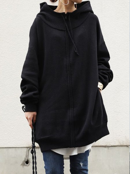 

Casual Cotton-Blend Long Sleeve Stand Collar Fleece Coat, Black, Jackets