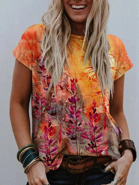 

Colorful Flower Painting Short Sleeve Casual Shift T-shirt, Orange, T-Shirts