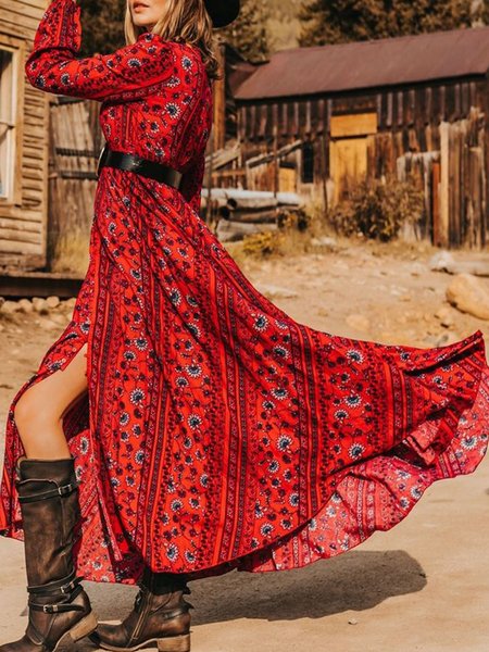 

V Neck Casual Long Sleeve Floral Dresses, Red, Casual Dresses