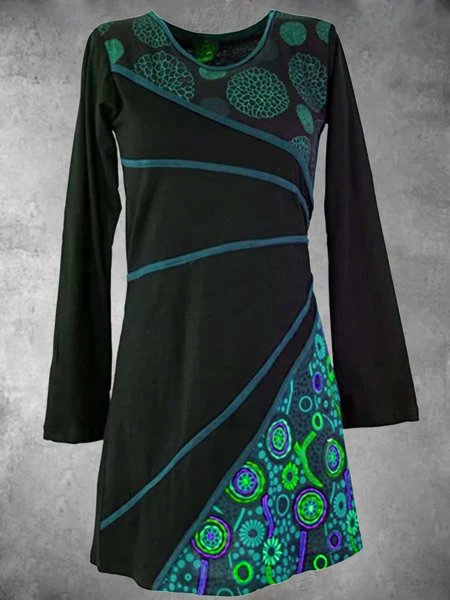 

Casual Long Sleeve Round Neck Plus Size Printed Dress, Blue, Dresses