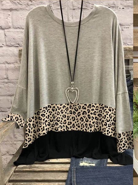 

Long Sleeve Casual Cotton-Blend Round Neck Shirts & Tops, Light gray, Winter Clearance