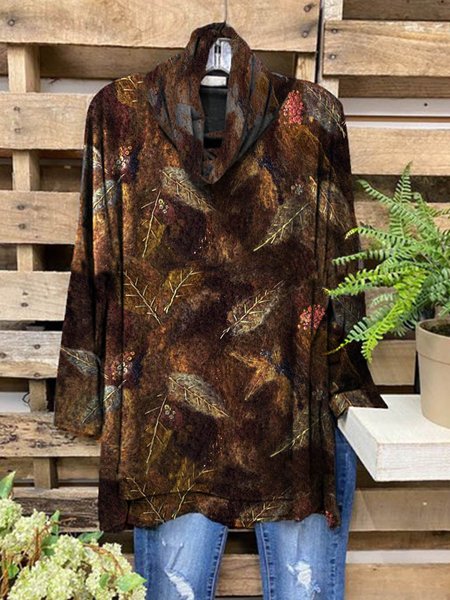 

Long Sleeve Cowl Neck Cotton-Blend Printed Shirts & Tops, Brown, Tops