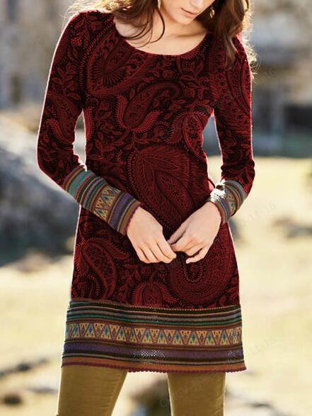 

Abito a Righe Elegante Girocollo Misto Cotone, Vino rosso, Mini Dresses