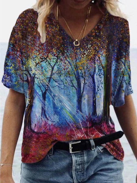 Casual Short Sleeve T-shirt, Multicolor, Tops
