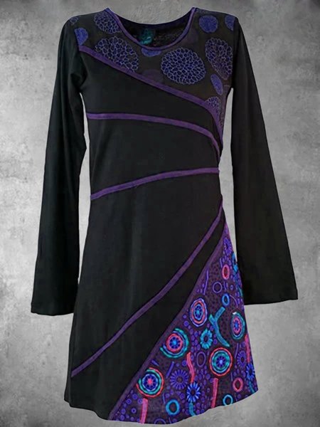 

Casual Long Sleeve Round Neck Plus Size Printed Dress, Purple, Dresses