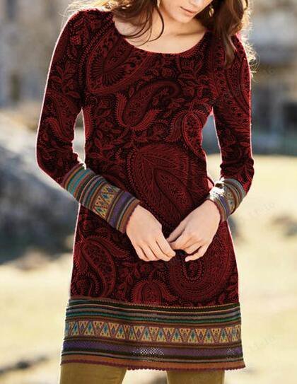

Striped Cotton-Blend Elegant Round Neck Dresses, Wine red, Dresses