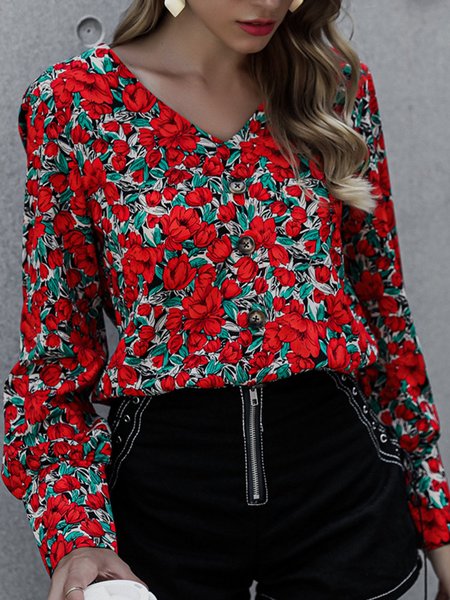 

Long Sleeve V Neck Shirts Printed Top, Red, Blouses and Shirts