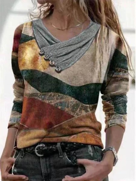 

Women Vintage Cotton Abstract Print Long Sleeve Sweatshirt, As picture, Hoodies & Sweatshirts