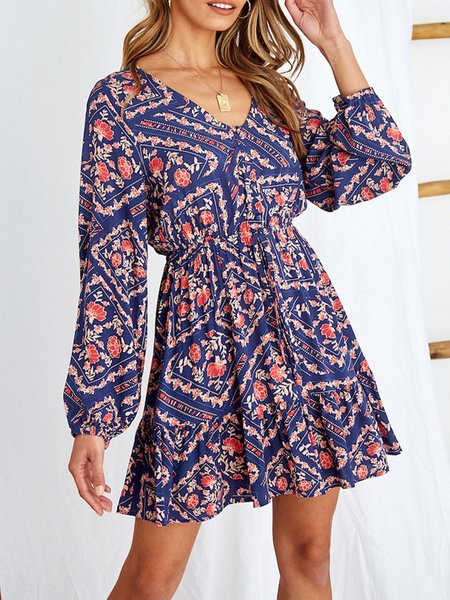 

V Neck Boho Mini Dress, As picture, Mini Dresses