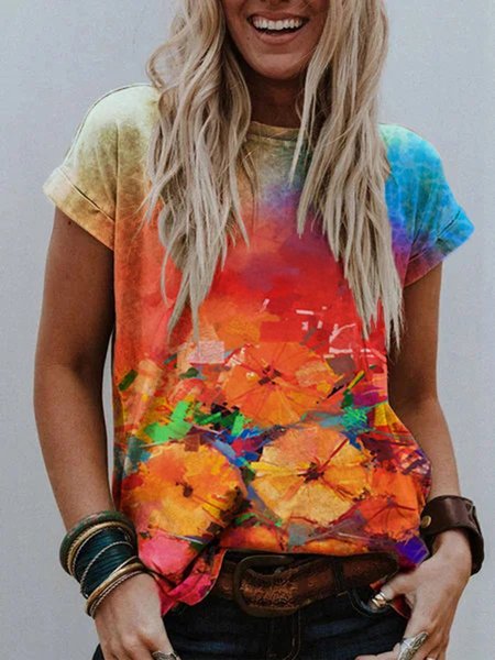 Floral Casual Shift Crew Neck T-shirt, Orange, T-Shirts
