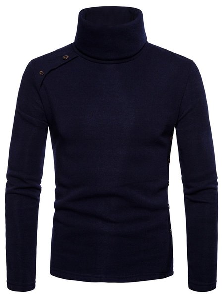 

High Collar Solid Color Casual Button Decoration Men's Top, Navyblue, Men