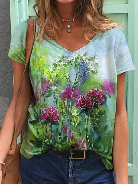 

Colorful Dandelion Painting Short Sleeve Shift V Neck T-shirt, Green, T-Shirts