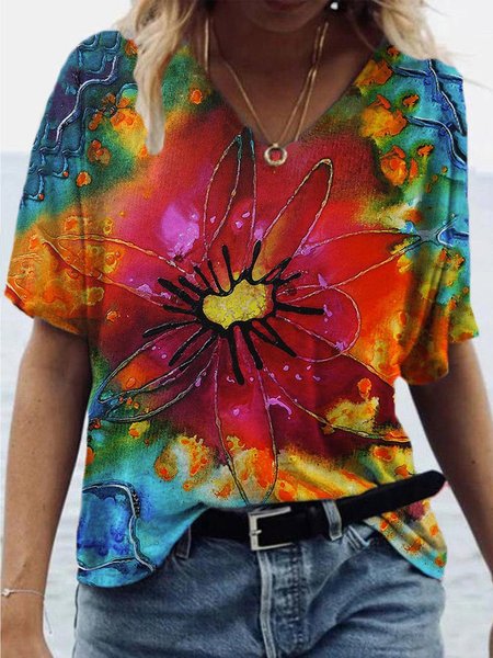 

Casual V Neck Floral Short Sleeve T-shirt, Multicolor, T-Shirts