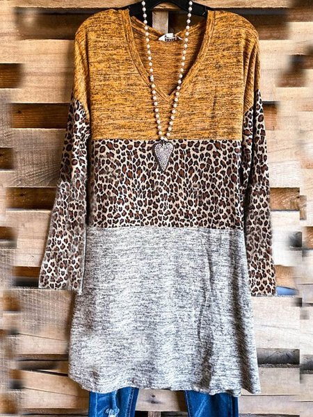 

V Neck Long Sleeve Cotton-Blend T-shirt, Yellow, Blouses & Shirts
