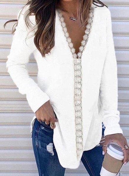 

Top Tinta Unita Maniche Lunghe Scollo a V Casuale, Bianco, Blouses & Shirts