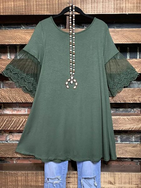 

Casual Cotton-Blend Solid Lace Bell Sleeve Tunic Tops, Green, Tops