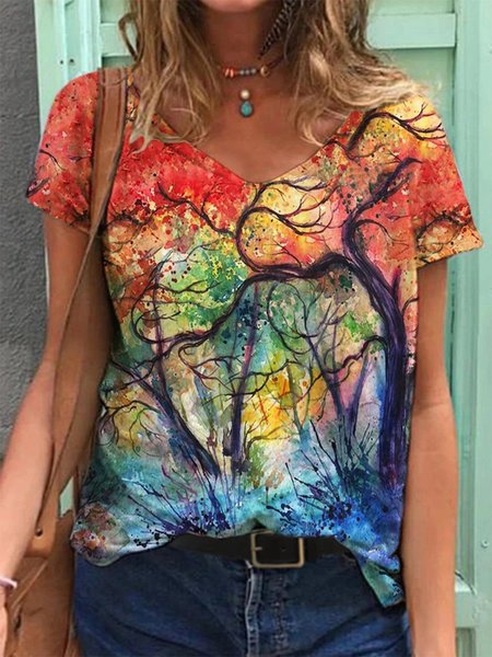 

V Neck Short Sleeve Shift T-shirt, Multicolor, Tees & T-shirts