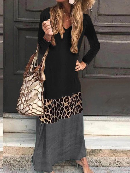 

Maniche Lunghe Colore-block Abito Misto Cotone, Nero, Maxi Dresses