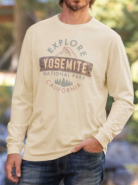 

Yosemite Print Crew Neck Cotton-Blend Casual T-Shirts & Tops, Cream, Blouses&Shirts