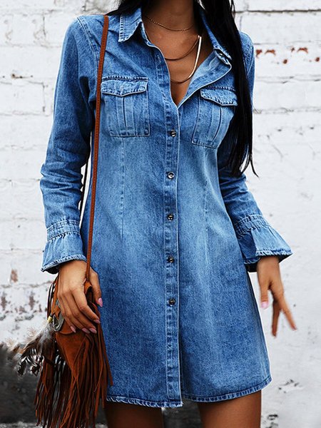 

Shirt Collar Daily Casual Mini Dress, Deep blue, Mini Dresses