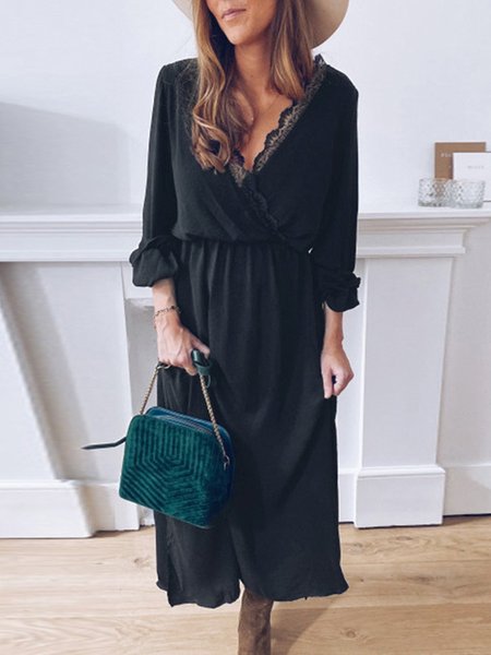 

V Neck Shift Elegant Solid Midi Dress, Black, Maxi Dresses