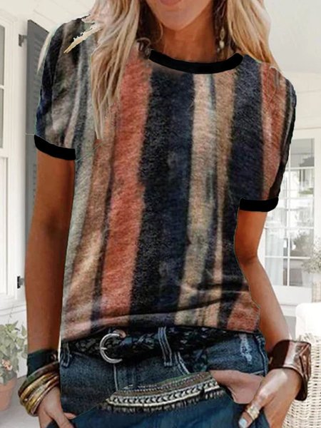 

Casual Short Sleeve Cotton Printed Tops, Multicolor, T-Shirts