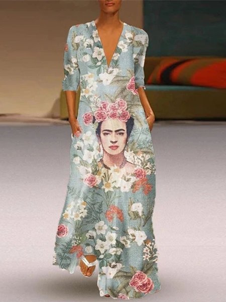 

Floral Print Oil Painting Holiday V-neck Maxi Dress, Green, Maxi Dresses