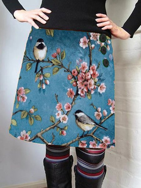 Blue Floral Bird Printed Vintage A Line Skirt