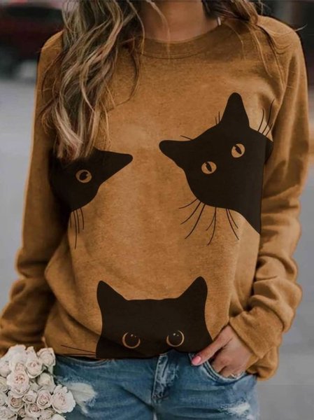

Long Sleeve Cotton Casual Sweatshirts, Brown, Tops
