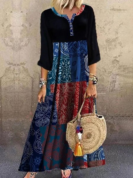 

Ethnic Print Patchwork Long Sleeve Vintage Maxi Dress, Black, Maxi Dresses
