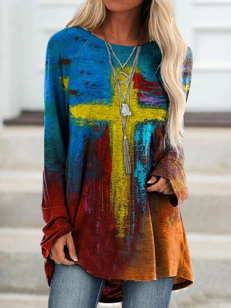 

Women Patchwork Cross Print casual Round Neck Loose Blouses Shirts, Multicolor, Blouses & Shirts