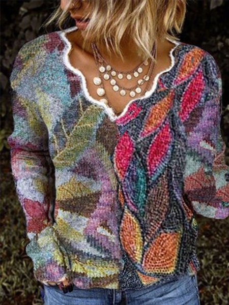 

Printed Floral V Neck Long Sleeve Tops, Multicolor, Tops