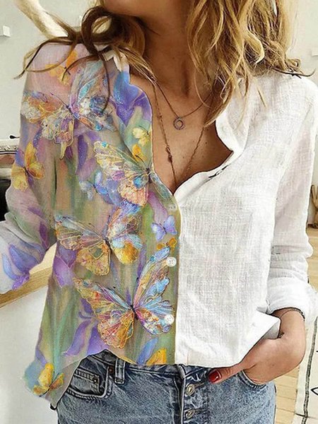 

Long Sleeve Shawl Collar Vintage Cotton Blouse, As picture, Shirts & Blouses
